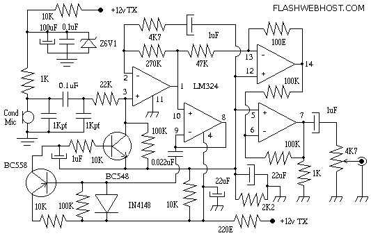 Circuit diagram of Microphone Amplifier / Modulator using LM324 for SSB Transceiver.